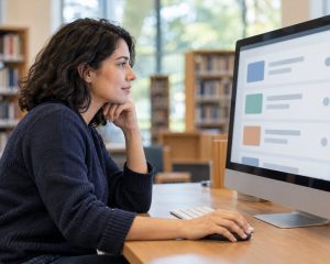 Persona buscando oportunidades laborales en una computadora de escritorio en una biblioteca pública.