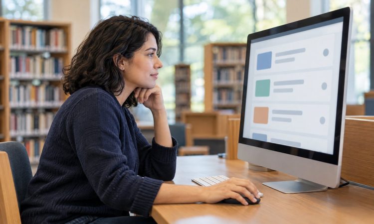 Persona buscando oportunidades laborales en una computadora de escritorio en una biblioteca pública.