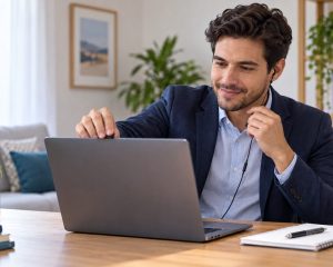 Profesional probando la cámara y el micrófono antes de una entrevista de trabajo virtual.