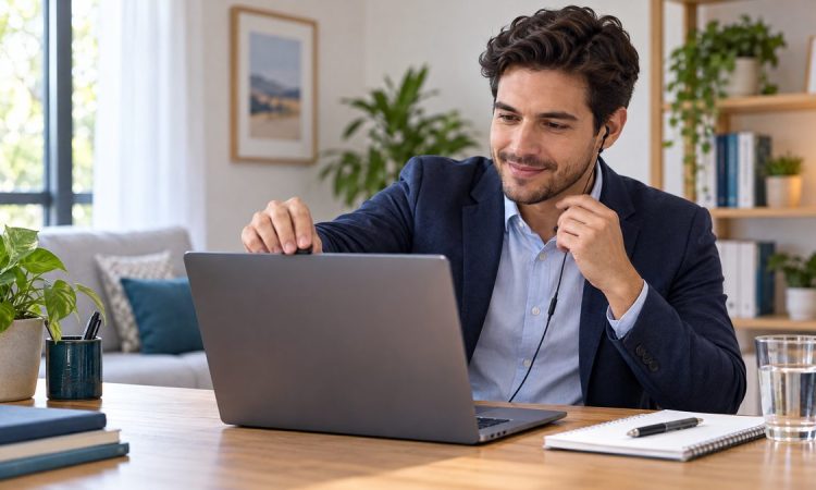 Profesional probando la cámara y el micrófono antes de una entrevista de trabajo virtual.