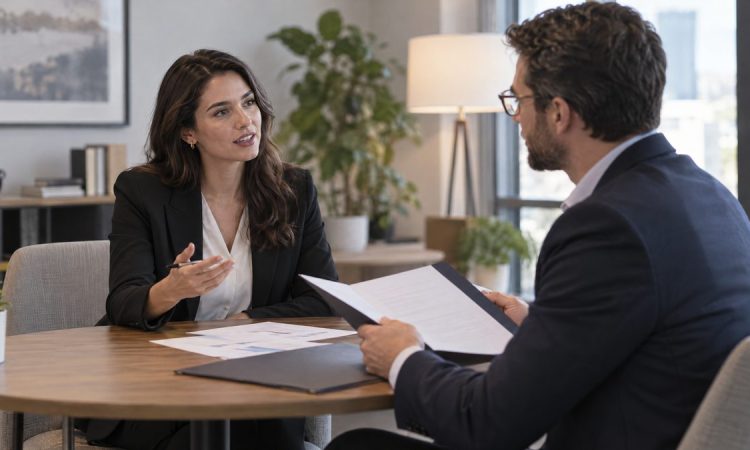 Candidata y reclutadora revisan una propuesta laboral durante una conversación salarial.