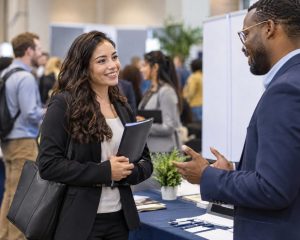 Candidata conversa con una reclutadora durante una feria de empleo.
