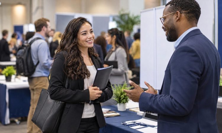 Candidata conversa con una reclutadora durante una feria de empleo.