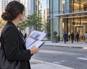 Persona revisando notas de investigación sobre una empresa frente a un edificio de oficinas.