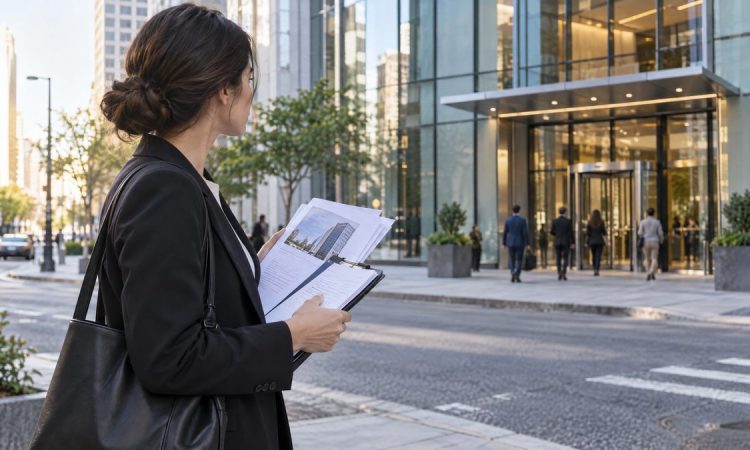 Persona revisando notas de investigación sobre una empresa frente a un edificio de oficinas.