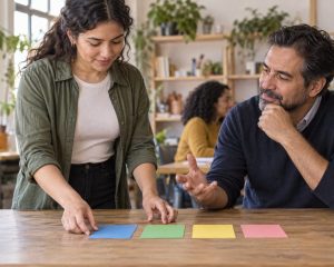 Candidata practicando una respuesta de entrevista con tarjetas de colores junto a una mentora.