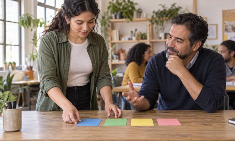 Candidata practicando una respuesta de entrevista con tarjetas de colores junto a una mentora.