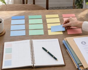 Tarjetas de colores y carpetas organizan varias solicitudes de empleo sobre una mesa.