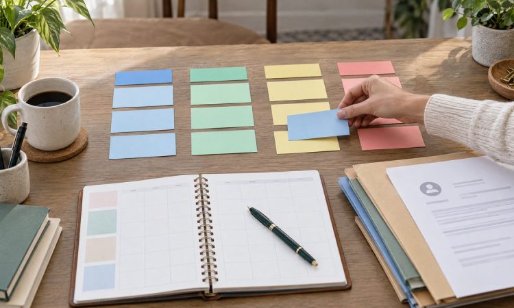 Tarjetas de colores y carpetas organizan varias solicitudes de empleo sobre una mesa.