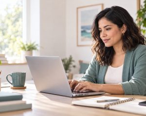 Persona preparando un correo de seguimiento después de una entrevista de trabajo.