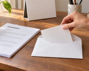 Mano preparando una nota de seguimiento junto a una solicitud de empleo y un calendario.