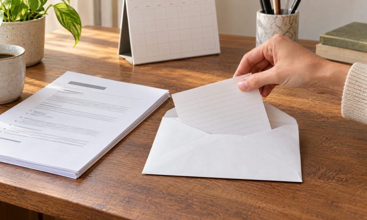 Mano preparando una nota de seguimiento junto a una solicitud de empleo y un calendario.