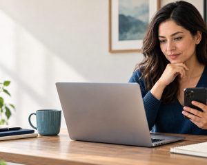 Candidata compara una oferta de empleo en su computadora y teléfono para verificarla.