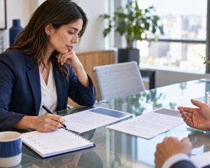 Persona revisando una oferta laboral impresa y marcando una lista de comparación en una reunión.