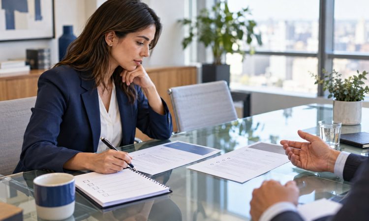 Persona revisando una oferta laboral impresa y marcando una lista de comparación en una reunión.
