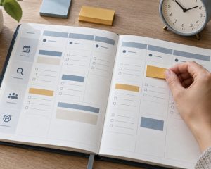 Persona organizando metas semanales de búsqueda de empleo en una agenda con casillas de seguimiento.