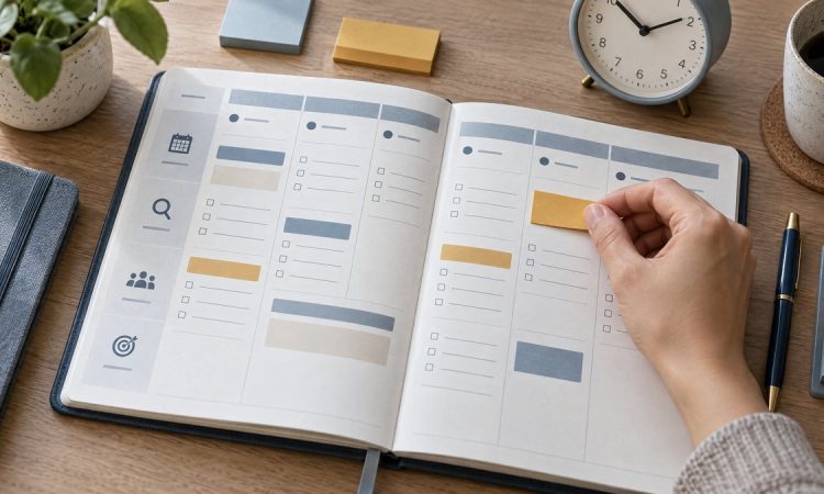 Persona organizando metas semanales de búsqueda de empleo en una agenda con casillas de seguimiento.