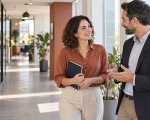 Dos colegas conversando en una oficina sobre una solicitud de referencia profesional.