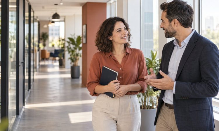 Dos colegas conversando en una oficina sobre una solicitud de referencia profesional.