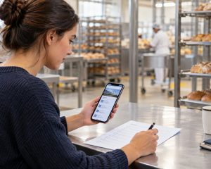 Persona verificando una página de empleo en su teléfono mientras revisa una lista en un entorno de panificación.